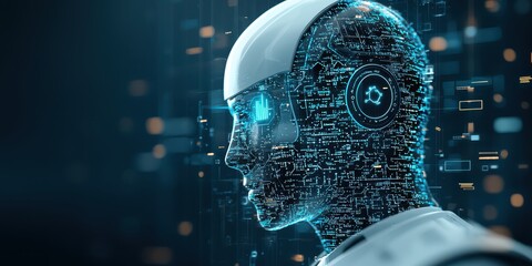 Aufkleber - business developmen concept. Futuristic robotic head with digital circuitry and glowing elements.