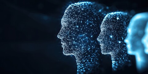 Aufkleber - business developmen concept. Digital wireframe heads representing artificial intelligence and technology concepts.