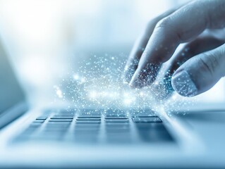 Poster - business discussing topview concept. A hand interacts with a laptop, surrounded by a digital spark effect, symbolizing technology and innovation.