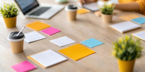 Aufkleber - business discussing topview concept. Bright workspace with stationery, coffee cups, and plants on a wooden table, ideal for creative collaboration.