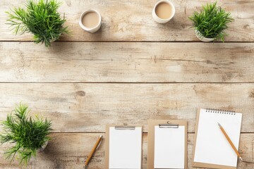 Poster - business discussing topview concept. Minimalist workspace with plants, clipboards, and coffee on a rustic wooden table.