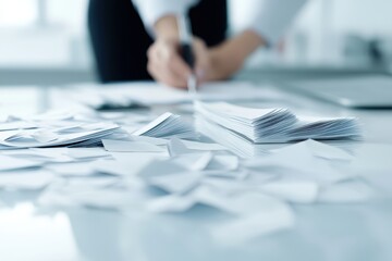 Aufkleber - business discussing topview concept. Cluttered desk with piles of paper and a person writing in the background.