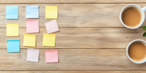 Aufkleber - business discussing topview concept. Colorful sticky notes arranged on a wooden surface beside two cups of coffee.