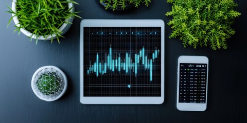 Aufkleber - business discussing topview concept. Digital devices displaying financial data surrounded by plants on a stylish desk.