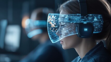 Poster - business discussing topview concept. Futuristic woman wearing VR headset immersed in digital technology.