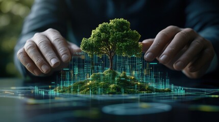 Poster - Innovative digital technology concept showcasing a tree integrated with a futuristic cityscape and data visualization