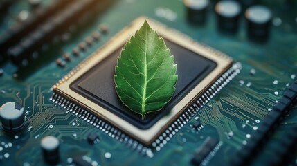 Poster - Close-up of a green leaf resting on a computer processor chip with circuit board background usage of fresh natural organic concept