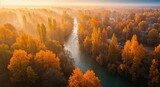 Aerial view autumn landscape river trees golden light fall foliage season