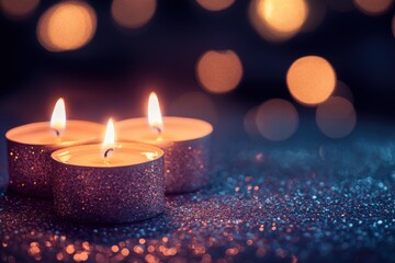 Poster - Sparkling candles glow softly against bokeh lights creating a warm ambiance, Two lit candles with glittery surface and bokeh lights in background