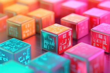 Poster - Cubes display glowing binary code in vibrant colors creating a minimal tech inspired landscape, Cubes with binary code Minimal cartoony technology metaphor 3D render