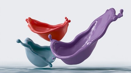 Poster - Three bowls of different colors are floating in the air, creating a splash of color. The bowls are arranged in a way that they appear to be in motion, as if they are being splashed by a wave