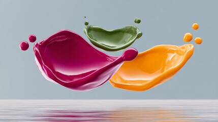 Poster - Three colorful splashes of paint are floating in the air, creating a vibrant and dynamic scene. The colors are purple, green, and orange, and they seem to be moving and blending together