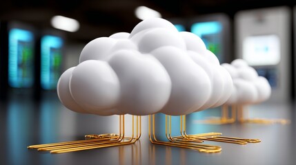 Poster - Cloud of white and gold is shown in a room with a blue background. The cloud is surrounded by wires and is the center of attention