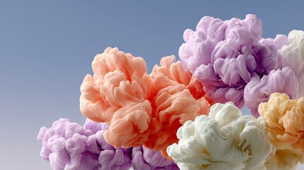 Poster - Colorful cloud of smoke with a blue sky in the background. The smoke is made up of different colors, including pink, orange, and white. Concept of creativity and imagination