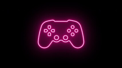 Poster - Neon gamepad icon, flickering emergence and fading. Glowing neon wireless joystick icon, looped animation. Wireless gamepad, gaming controller, computer games, esports. Red pink magenta colors