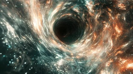 Poster - A black hole or wormhole in space surrounded by bright, swirling streams of light and gas