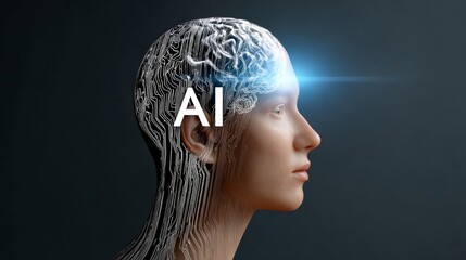 Poster - Woman's head with a brain and the word AI written on it. Concept of artificial intelligence and the potential of technology to mimic human intelligence