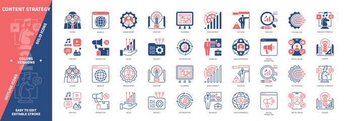 Poster - Content Strategy icon set. Content, Creative, Planning, Analysis, Development, Project, Digital Marketing, Success. Duotone color solid and editable outline icons