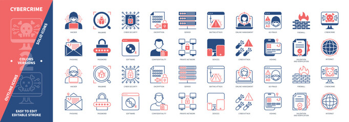 Aufkleber - Cybercrime icon set. Online Harassment, Internet, Ad Fraud, Confidentiality, Cyber Attack, Password, Hacker, Baiting. Duotone color solid and editable outline icons