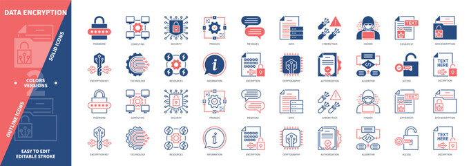Aufkleber - Data Encryption icon set. Encryption Key, Cryptography, Security, Algorithm, Technology, Information, Authorization, Messages, Decryption. Duotone color solid and editable outline icons