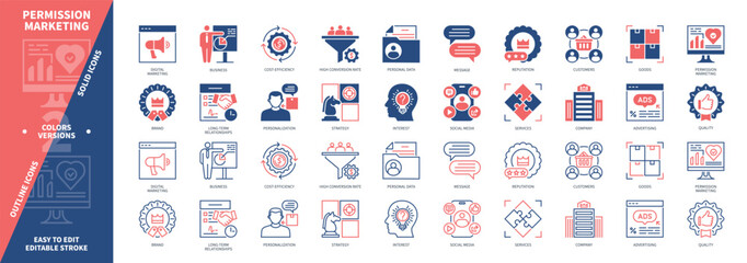 Poster - Permission Marketing icon set. Cost-Efficiency, Personalization, Social Media, High Conversion Rate, Customers, Advertising, Reputation, Goods, Services. Duotone color solid and editable outline icons