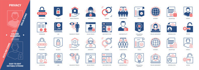Aufkleber - Privacy icon set. Password, Human Rights, Gender, Access, Personal Data, Permission, Security, Policy. Duotone color solid and editable outline icons