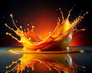Poster - Dynamic splash of vibrant orange juice creating abstract shapes and reflections on a dark surface, a refreshing and visually striking display