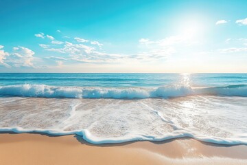Wall Mural - Sunlit beach with gentle waves under a clear blue sky at midday, Sunlit beach with gentle waves and clear blue sky