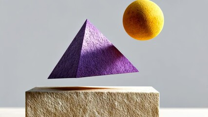 Poster - Pyramid and a ball are floating in the air above a white stone base. The pyramid is purple and the ball is yellow. The scene is abstract and surreal, with the pyramid