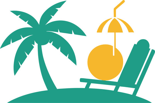 Summer Beach Vacation Silhouettes with Palm Trees and Surfboards, Relaxing Beach, Minimal Summer Treats Silhouettes with Ice Cream, Watermelon, and Lemonade
