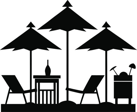 Summer Beach Vacation Silhouettes with Palm Trees and Surfboards, Relaxing Beach, Minimal Summer Treats Silhouettes with Ice Cream, Watermelon, and Lemonade