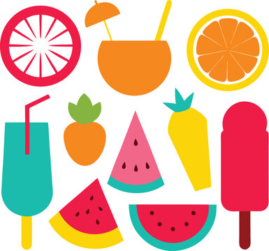 Summer Beach Vacation Silhouettes with Palm Trees and Surfboards, Relaxing Beach, Minimal Summer Treats Silhouettes with Ice Cream, Watermelon, and Lemonade