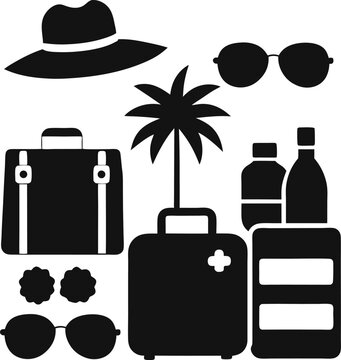Summer Beach Vacation Silhouettes with Palm Trees and Surfboards, Relaxing Beach, Minimal Summer Treats Silhouettes with Ice Cream, Watermelon, and Lemonade