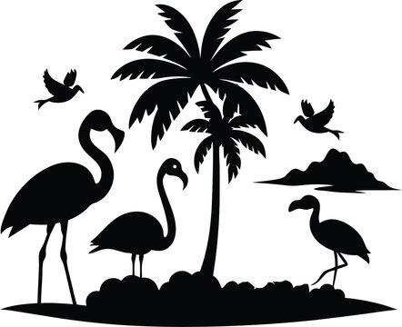 Summer Beach Vacation Silhouettes with Palm Trees and Surfboards, Relaxing Beach, Minimal Summer Treats Silhouettes with Ice Cream, Watermelon, and Lemonade