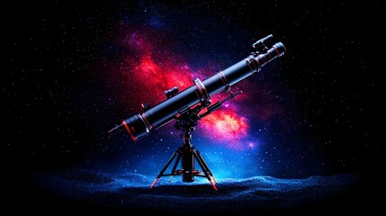 a black refracting telescope on a tripod, pointed towards a vibrant nebula backdrop of red and blue 