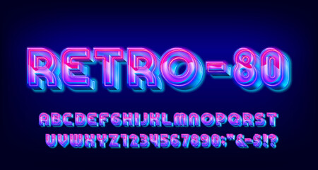 Aufkleber - Retro-80 alphabet font. 3d neon 80s style letters and numbers. Stock vector typeface for your design.