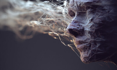 Poster - Abstract representation of a human face dissolving into smoke with geometric wireframe elements