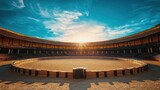 Majestic ancient arena at sunset, showcasing its circular structure, tiered seating, and sandy center.