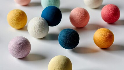 Poster - Collection of colorful balls, some of which are white, are arranged in a row. The balls are of various sizes and colors, creating a visually appealing and diverse display
