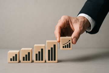 Poster - Strategic decision-making and innovation drive business growth as illustrated by rising graph blocks symbolizing increasing success and efficiency