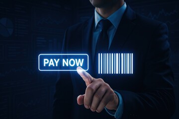 Poster - A businessman demonstrates digital payment efficiency by engaging with an innovative interface highlighting strategy and decision in commerce