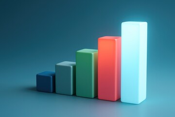 Poster - A glowing abstract bar chart illustrates business growth and strategic decision-making with rising blocks in soft daylight tones reflecting leadership and innovation