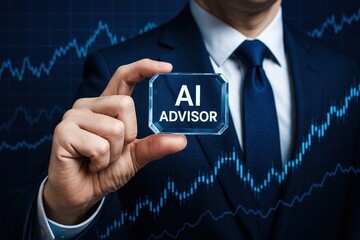Poster - A business professional demonstrates strategic decision-making and innovation by highlighting AI advisory technology amidst dynamic profit growth charts