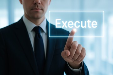 Poster - A business professional demonstrates leadership and strategy by selecting to execute a key decision emphasizing efficiency and growth in a modern work environment