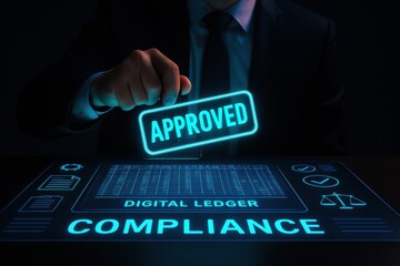 Poster - A strategic business decision is confirmed as an illuminated approval stamp highlights compliance and effective ledger management emphasizing growth and leadership