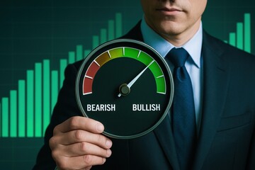Poster - A businessman reviews a strategic gauge indicating bullish trends highlighting decision-making and growth opportunities in business