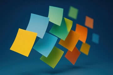 Poster - This illustrates strategy and decision-making through overlapping colorful panels that symbolize dynamic business ideas and growth in an active workspace