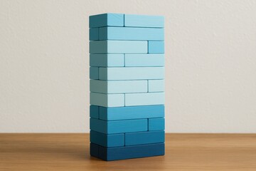 Poster - A strategic arrangement wooden blocks painted in gradient blue symbolizes business growth and decision-making in leadership and planning
