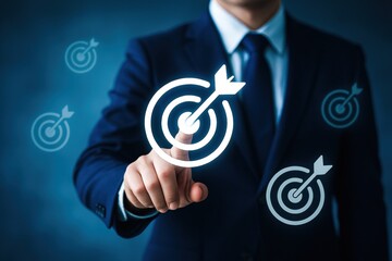 Poster - A businessman strategically points at a virtual target symbolizing focused decision-making business growth and successful goal achievement through innovation and planning