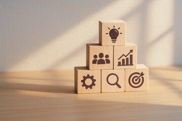 Poster - The wooden pyramid structure symbolizes strategy and decision-making processes highlighting the idea and growth essential to business leadership and efficient work
